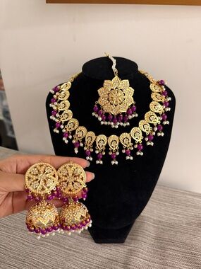 Gold and Magenta Traditional Jadau Necklace Set with Jhumka Earrings
